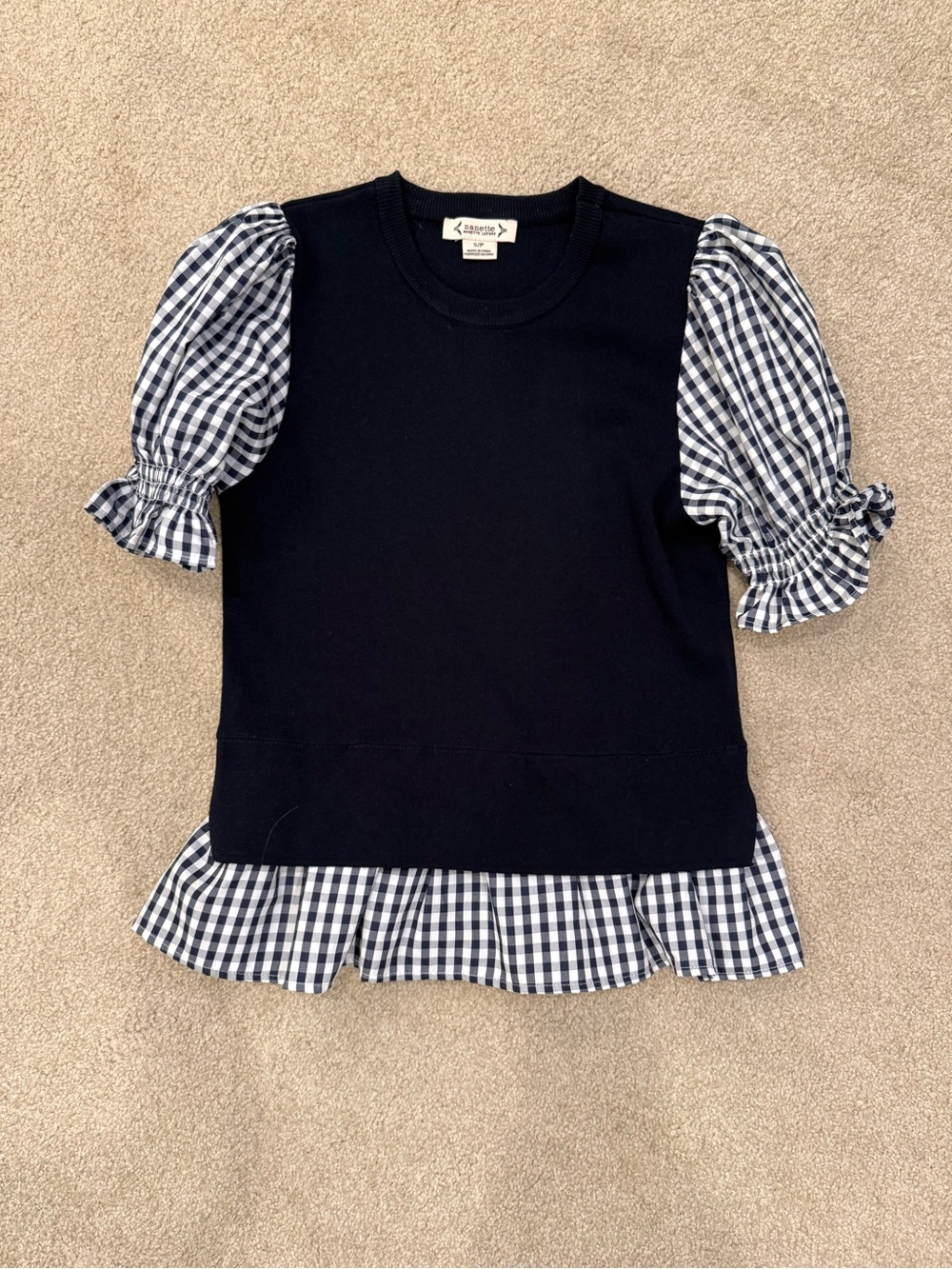 Nanette Lepore Navy Knit Top with Black-and-White Gingham Sleeves